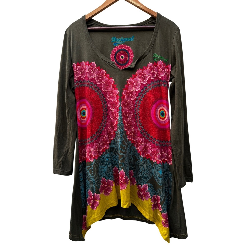 Desigual Floral Mandala Handkerchief Hem Artsy Lagenlook‎ Tunic Top Women XL
